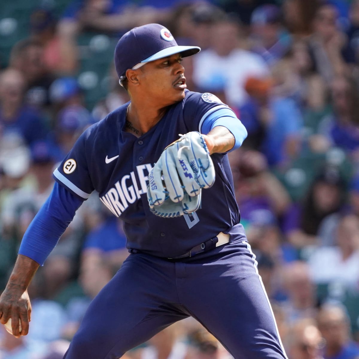 Chicago Cubs pitcher Marcus Stroman (0) pitches against the San Francisco  Giants during a MLB spring