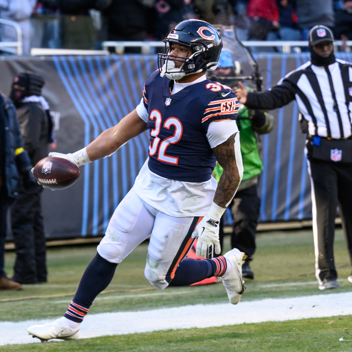 Chicago, Illinois, USA. 03rd Oct, 2021. - Bears #32 David Montgomery  (right) celebrates his touchdown with teammate #81 J.P. Holtz during the  NFL Game between the Detroit Lions and Chicago Bears at