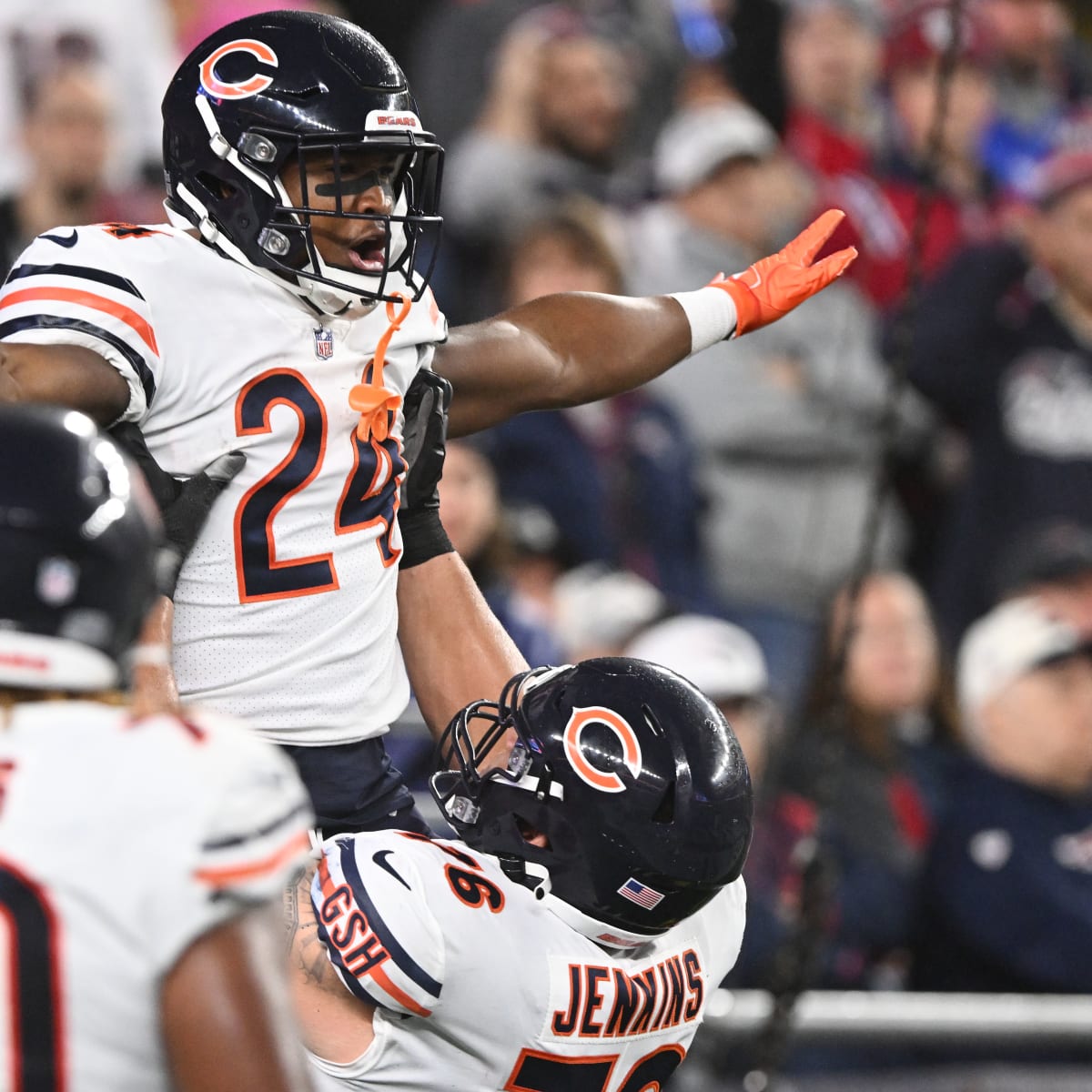 Chicago Bears offensive tackle Teven Jenkins (76) runs off the