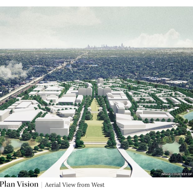 This is another view of the master plan surrounding the development of the Arlington Park property. If completed, this will be the view from the stadium, facing East towards the downtown area of Chicago.