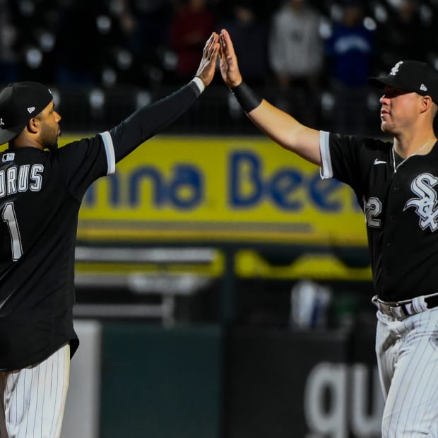 Oct 4, 2022; Chicago, Illinois, USA; Chicago White Sox shortstop Elvis Andrus (1) and right fielder Gavin Sheets (32) after their game against the Minnesota Twins at Guaranteed Rate Field.