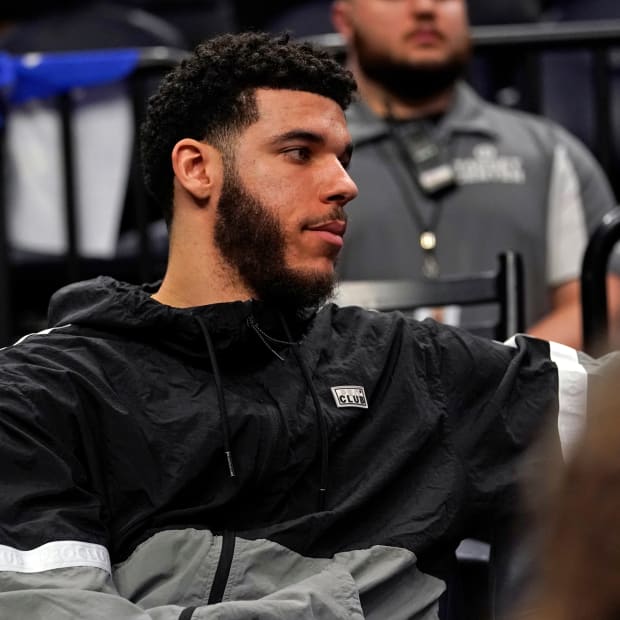 Apr 10, 2022; Minneapolis, Minnesota, USA; Chicago Bulls guard Lonzo Ball (2) looks on against the Minnesota Timberwolves during the fourth quarter at Target Center.