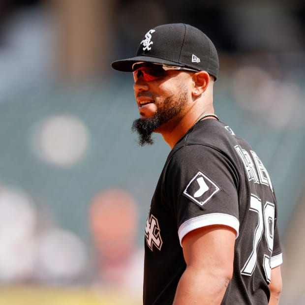 Chicago White Sox first baseman Jose Abreu (79) smiles during the first inning against the Colorado Rockies at Guaranteed Rate Field.