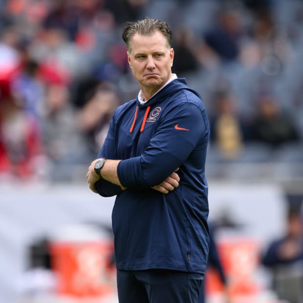 Sep 25, 2022; Chicago, Illinois, USA; Chicago Bears head coach Matt Eberflus looks on before the game against the Houston Texans at Soldier Field.