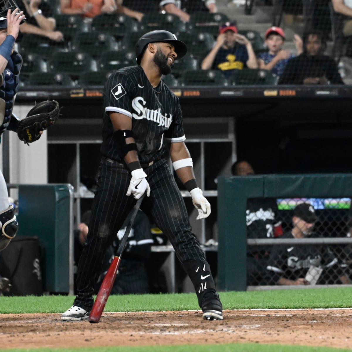Eloy Jimenez of the Chicago White Sox reacts after striking out