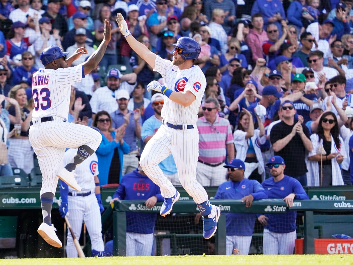 Chicago Cubs' Patrick Wisdom after hitting a two-run home run