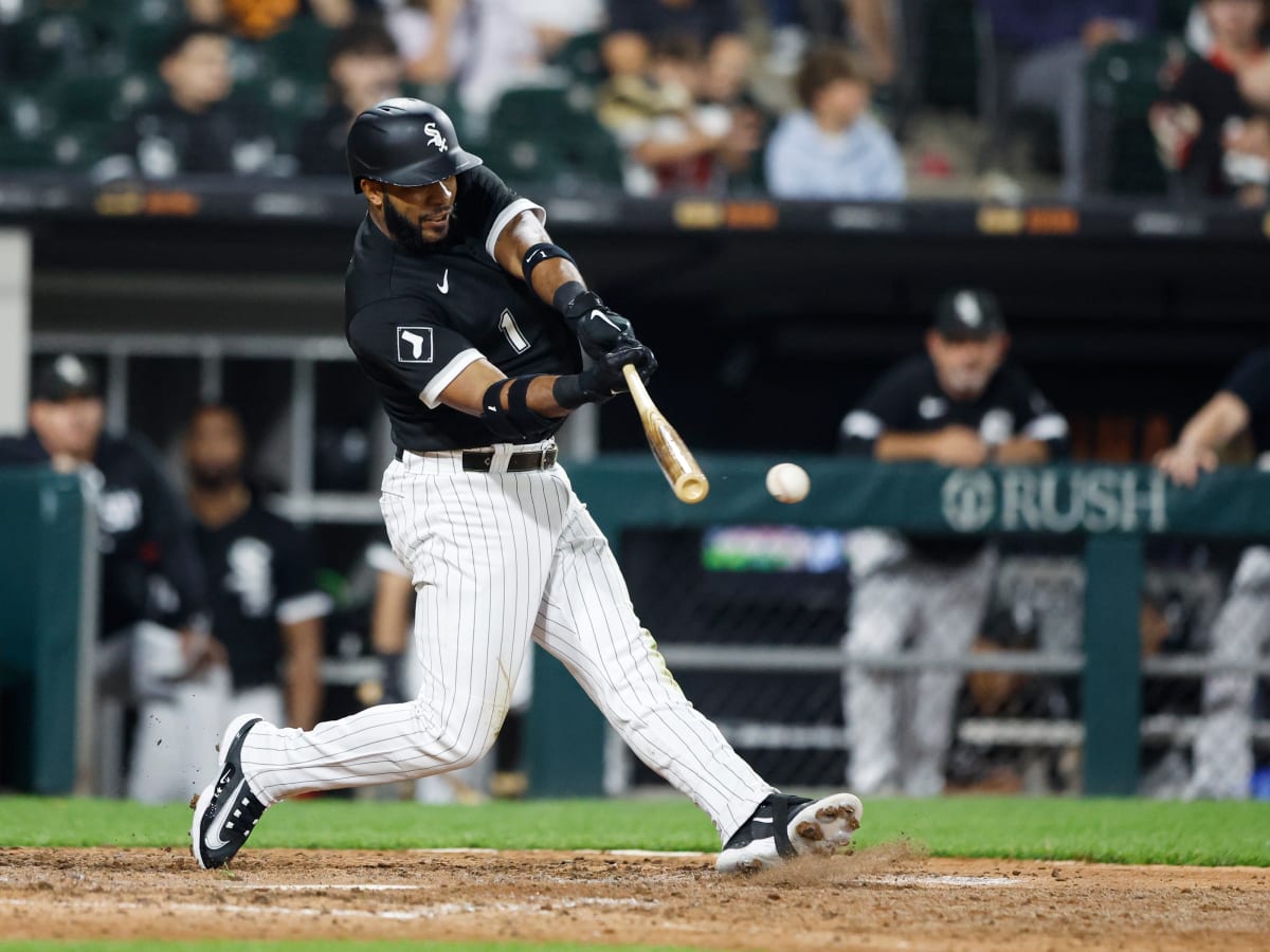 Chicago, USA. 09th Aug, 2023. Chicago White Sox third baseman Yoan Moncada  (10) hits a double in the third inning during a MLB regular season game  between the New York Yankees and