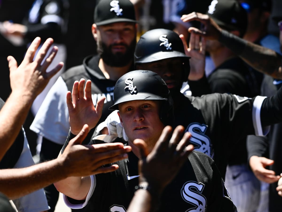 Andrew Vaughn and Yoan Moncada of the Chicago White Sox celebrate