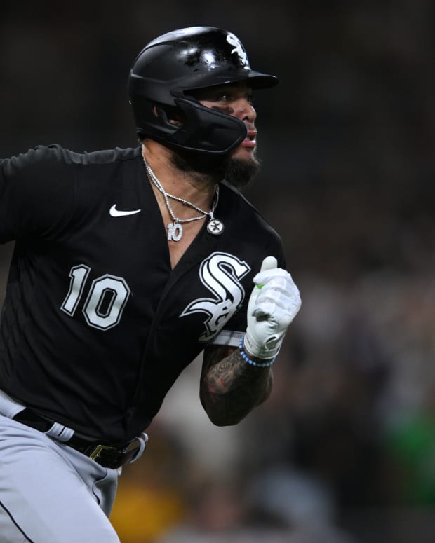Sep 30, 2022; San Diego, California, USA; Chicago White Sox third baseman Yoan Moncada (10) watches his double against the San Diego Padres during the sixth inning at Petco Park.