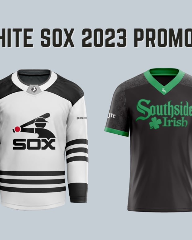 A graphic for the Chicago White Sox 2023 Promotional Schedule featuring the Eloy Jimenez and Luis Robert bobbleheads, hockey jersey, and Southside Irish Halfway to St. Patrick's Day soccer jersey