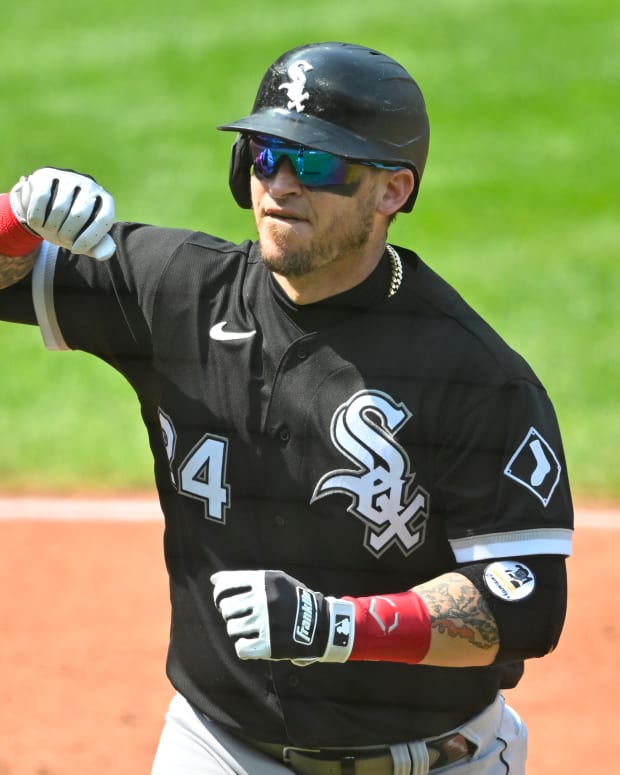 Sep 15, 2022; Cleveland, Ohio, USA; Chicago White Sox catcher Yasmani Grandal (24) celebrates his solo home run in the fourth inning against the Cleveland Guardians at Progressive Field.