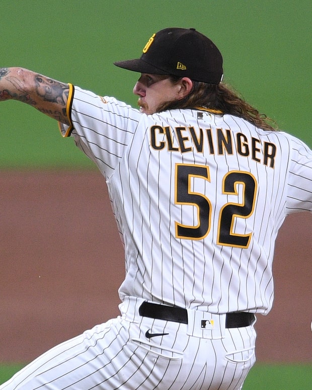 Sep 8, 2020; San Diego, California, USA; San Diego Padres starting pitcher Mike Clevinger (52) pitches during the fourth inning against the Colorado Rockies at Petco Park.