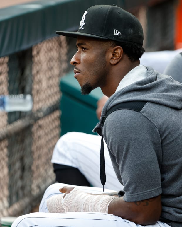 Aug 13, 2022; Chicago, Illinois, USA; Chicago White Sox injured shortstop Tim Anderson sits in the dugout during the first inning of a game against the Detroit Tigers at Guaranteed Rate Field.