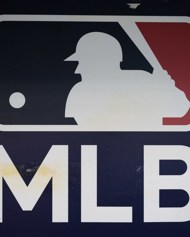 Oct 2, 2022; Washington, District of Columbia, USA; A view of the MLB logo in the dugout during the game between the Washington Nationals and the Philadelphia Phillies at Nationals Park. Mandatory Credit: Scott Taetsch-USA TODAY Sports
