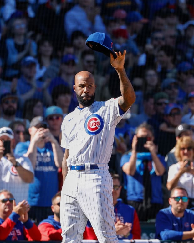 Oct 1, 2022; Chicago, Illinois, USA; Chicago Cubs Jason Heyward is being honored during a baseball game between the Chicago Cubs and Cincinnati Reds at Wrigley Field.