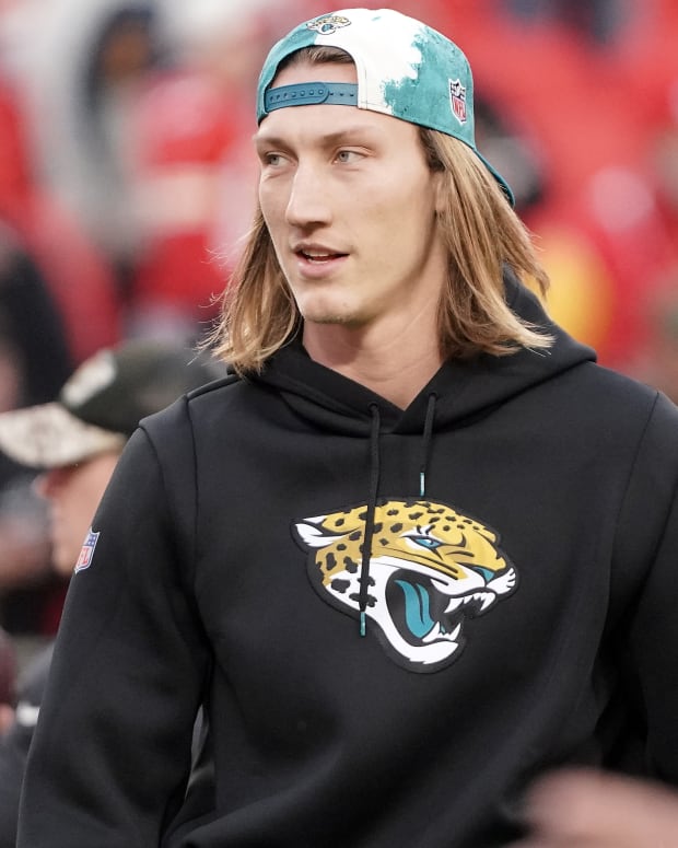 Jan 21, 2023; Kansas City, Missouri, USA; Jacksonville Jaguars quarterback Trevor Lawrence (16) before playing against the Kansas City Chiefs in the AFC divisional round game at GEHA Field at Arrowhead Stadium. Mandatory Credit: Denny Medley-USA TODAY Sports