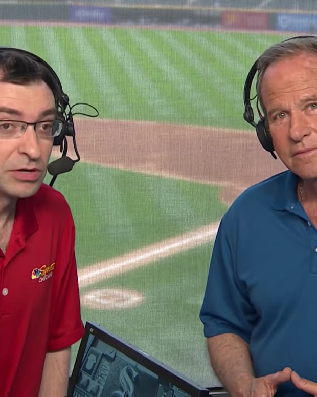 Jason Benetti and Steve Stone in the broadcast booth during the intro to a Chicago White Sox game on NBC Sports Chicago