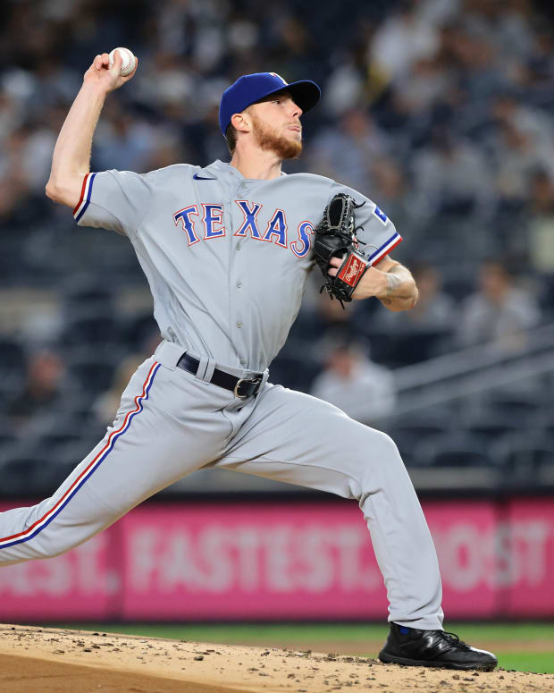 Sep 20, 2021; Bronx, New York, USA; Texas Rangers starting pitcher A.J. Alexy (62) delivers against the New York Yankees during the first inning at Yankee Stadium.