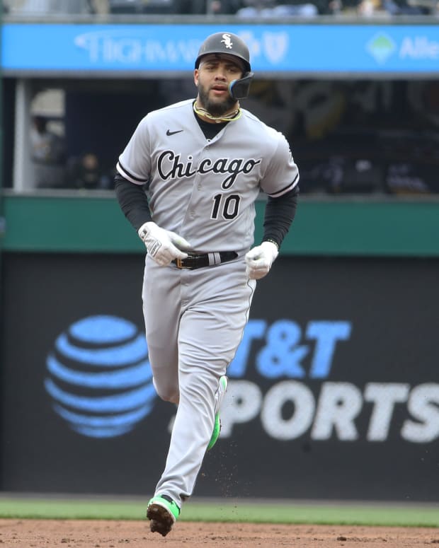 Apr 7, 2023; Pittsburgh, Pennsylvania, USA; Chicago White Sox third baseman Yoan Moncada (10) runs the bases on his way to scoring a run against the Pittsburgh Pirates during the third inning at PNC Park.