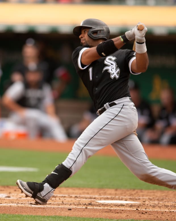 Sep 10, 2022; Oakland, California, USA; Chicago White Sox shortstop Elvis Andrus (1) follows through on his three-run home run off Oakland Athletics starting pitcher Adrian Mart nez during the second inning at RingCentral Coliseum.