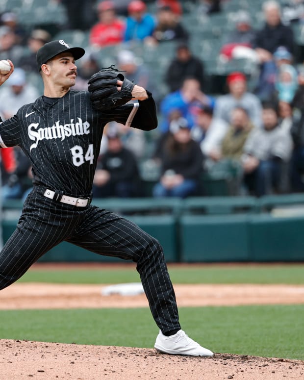 May 2, 2022; Chicago, Illinois, USA; Chicago White Sox starting pitcher Dylan Cease (84) delivers against the Los Angeles Angels during the third inning at Guaranteed Rate Field.