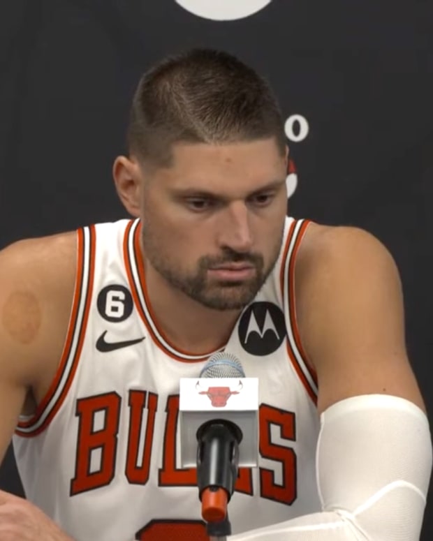 Nikola Vucevic speaks to reporters at his press conference during Chicago Bulls' media day 2022