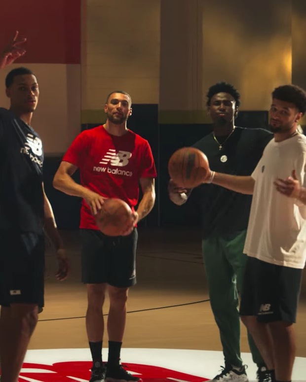 Zach LaVine poses with fellow NBA stars in the New Balance TWO WXY v3 commercial