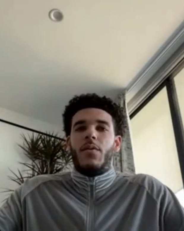 Chicago Bulls guard Lonzo Ball discusses his knee injury with reporters via a Zoom call