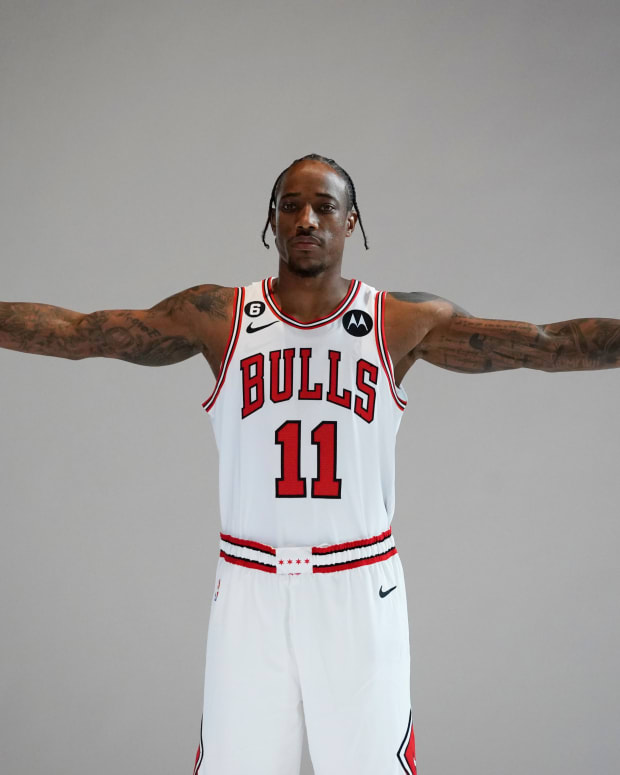 Sep 26, 2022; Chicago, IL, USA; Chicago Bulls forward DeMar DeRozan (11) during Chicago Bulls Media Day at the United Center.