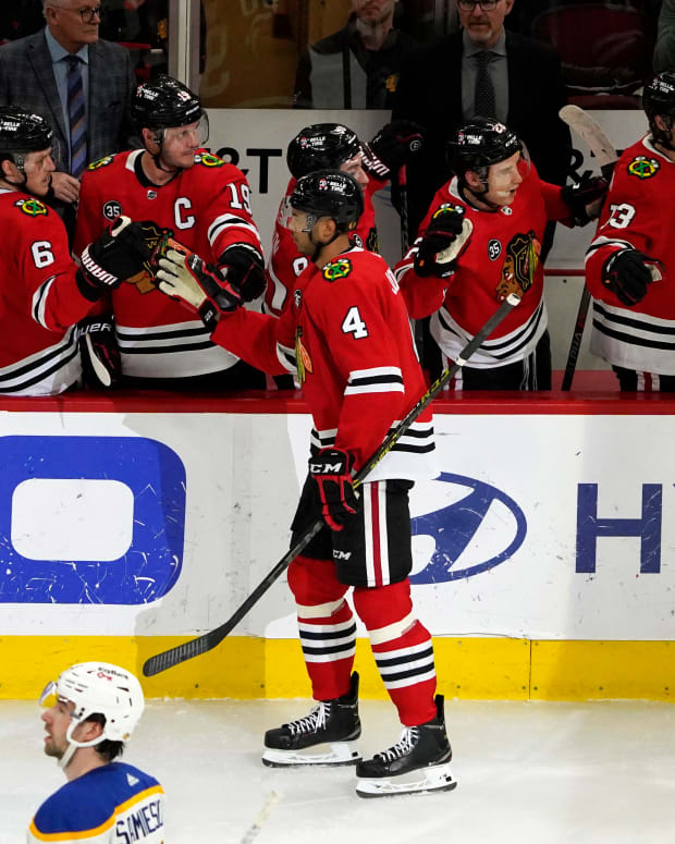 Mar 28, 2022; Chicago, Illinois, USA; Chicago Blackhawks defenseman Seth Jones (4) celebrates his goal against the Buffalo Sabres during the second period at United Center.