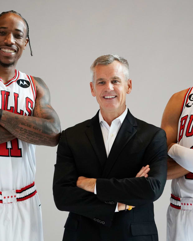 Sep 26, 2022; Chicago, IL, USA; Chicago Bulls forward DeMar DeRozan (11) head coach Billy Donovan and guard Zach LaVine (8) during Chicago Bulls Media Day at the United Center.