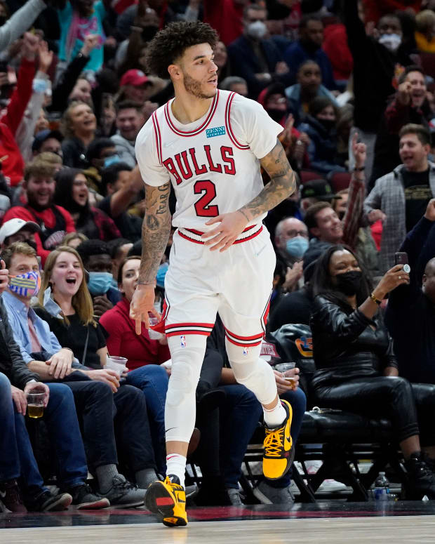 Oct 23, 2021; Chicago, Illinois, USA; Chicago Bulls guard Lonzo Ball (2) gestures after making a three point basket against the Detroit Pistons during the second half at United Center.