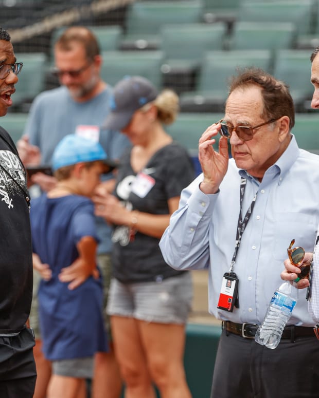 Sep 2, 2022; Chicago, Illinois, USA; Chicago White Sox executive vice president Ken Williams (L) talks with owner Jerry Reinsdorf (C) and general manager Rick Hahn (R) as they stand on the sidelines before a baseball game against Minnesota Twins at Guaranteed Rate Field.