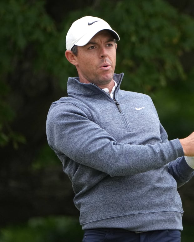 Jun 18, 2022; Brookline, Massachusetts, USA; Rory McIlroy watches his shot from the sixth tee during the third round of the U.S. Open golf tournament.