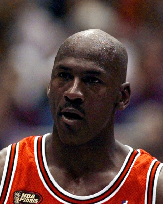June 5, 1998; Salt Lake City, UT, USA; Chicago Bulls guard Michael Jordan in game two of the 1998 NBA Finals against the Utah Jazz at the Delta Center.