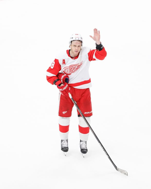 Feb 25, 2024; Chicago, Illinois, USA; Detroit Red Wings right wing Patrick Kane (88) waves to fans after the game against the Chicago Blackhawks at United Center.