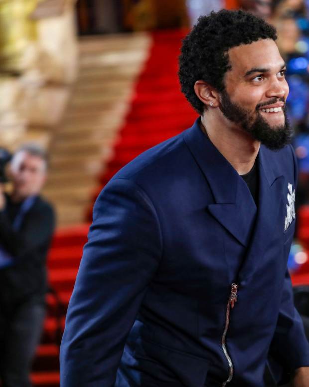 Apr 25, 2024; Detroit, MI, USA; NFL draft prospect Caleb Williams, a quarterback who played at USC and Oklahoma, walks the red carpet at the Fox Theatre in Detroit before being selected by the Chicago Bears.