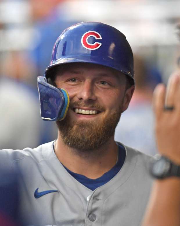 Jun 10, 2025; Philadelphia, Pennsylvania, USA; Chicago Cubs first base Michael Busch (29) celebrates his home run in the dugout during the fourth inning against the Philadelphia Phillies at Citizens Bank Park.