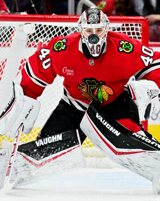 Jan 24, 2025; Chicago, Illinois, USA; Chicago Blackhawks goaltender Arvid Soderblom (40) watches the puck after a save against the Tampa Bay Lightning during the second period at the United Center.