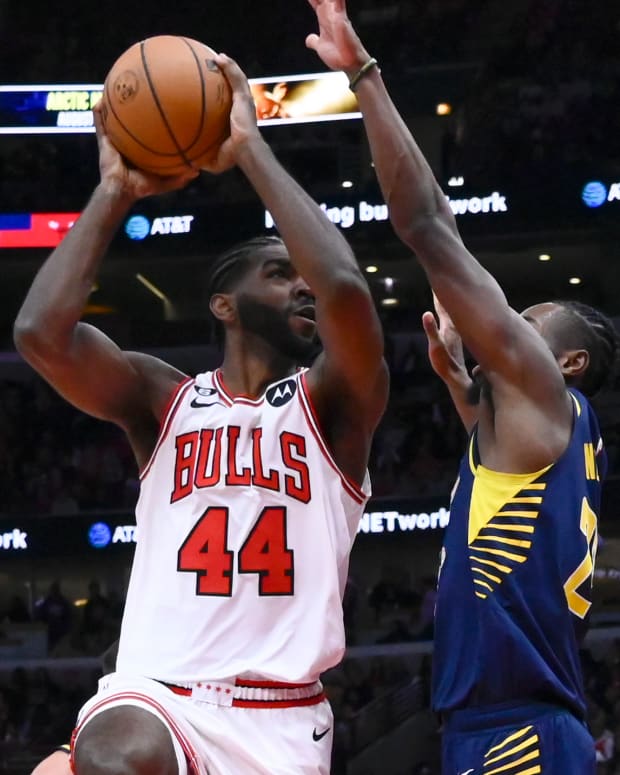 Oct 26, 2022; Chicago, Illinois, USA; Chicago Bulls forward Patrick Williams (44) shoots the ball against Indiana Pacers forward Aaron Nesmith (23) during the first half at the United Center.