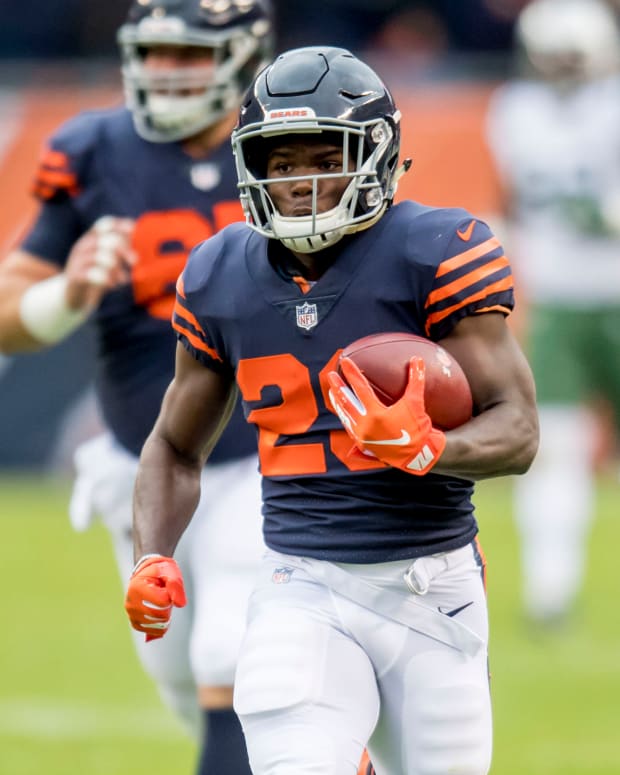 Oct 28, 2018; Chicago, IL, USA; Chicago Bears running back Tarik Cohen (29) runs in for a touchdown during the first half against the New York Jets at Soldier Field.
