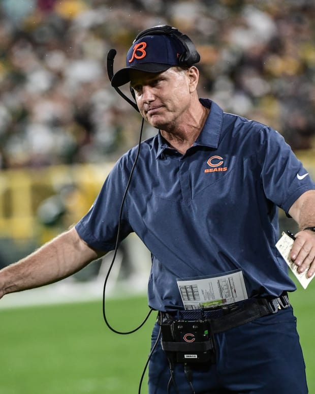 Sep 18, 2022; Green Bay, Wisconsin, USA; Chicago Bears head coach Matt Eberflus challenges a call in the fourth quarter during game against the Green Bay Packers at Lambeau Field.