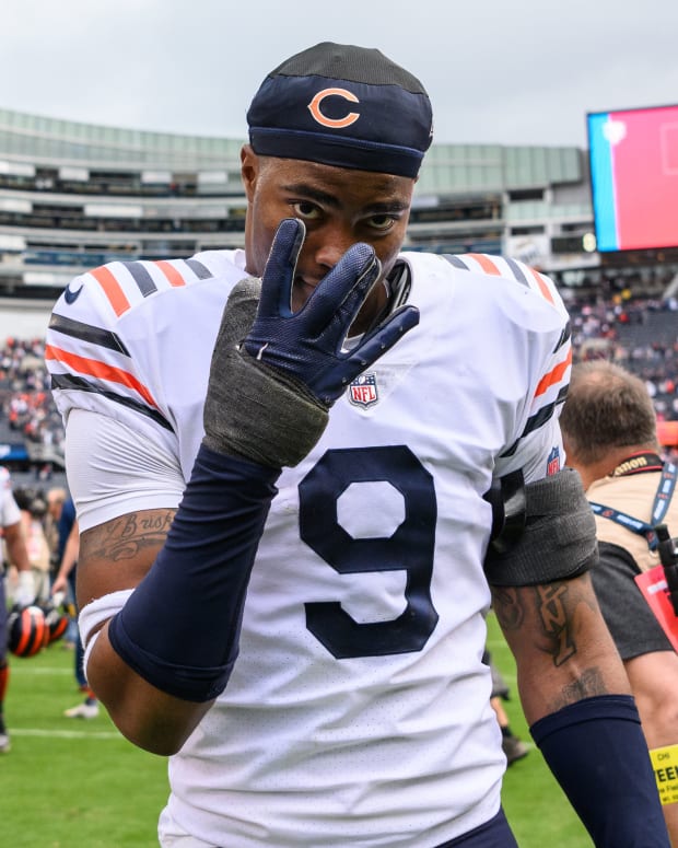 Sep 25, 2022; Chicago, Illinois, USA; Chicago Bears safety Jaquan Brisker (9) walks off the field after a win against the Houston Texans at Soldier Field. Mandatory Credit: Daniel Bartel-USA TODAY Sports