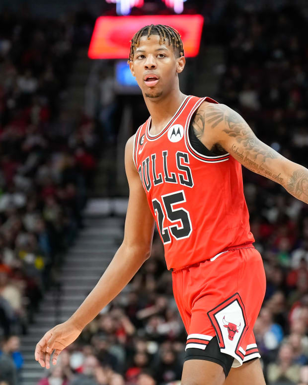Oct 9, 2022; Toronto, Ontario, CAN; Chicago Bulls guard Dalen Terry (25) in action against the Toronto Raptors during the second half at Scotiabank Arena.