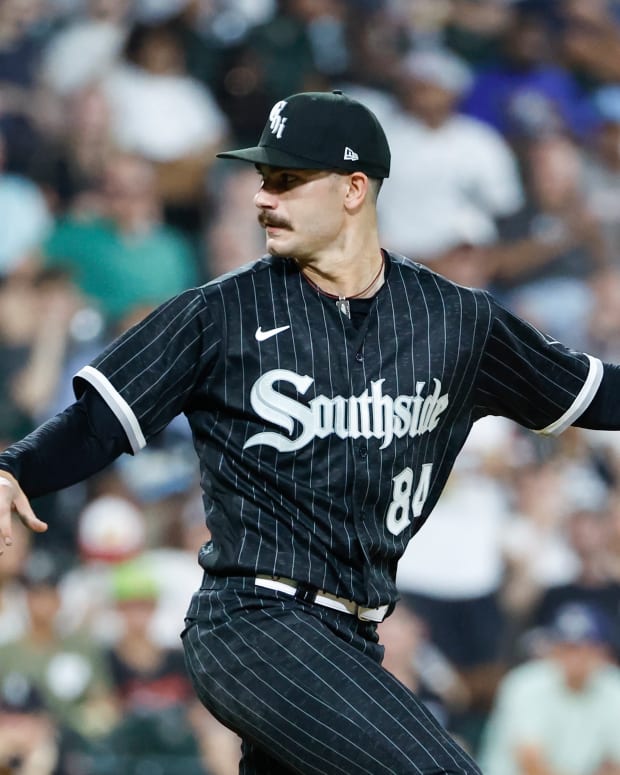 Jun 21, 2022; Chicago, Illinois, USA; Chicago White Sox starting pitcher Dylan Cease (84) reacts after striking out Toronto Blue Jays shortstop Bo Bichette during the sixth inning at Guaranteed Rate Field.
