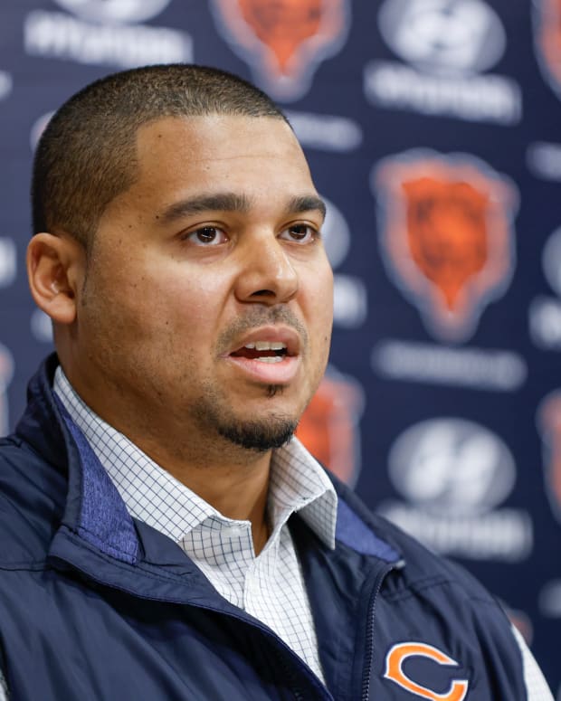 Mar 16, 2023; Lake Forest, IL, USA; Chicago Bears general manager Ryan Poles speaks during a press conference at Halas Hall.