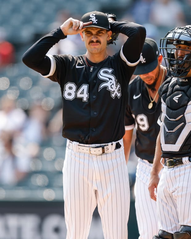 Sep 14, 2022; Chicago, Illinois, USA; Chicago White Sox starting pitcher Dylan Cease (84) reacts after giving up a RBI-double in the second inning against the Colorado Rockies at Guaranteed Rate Field.