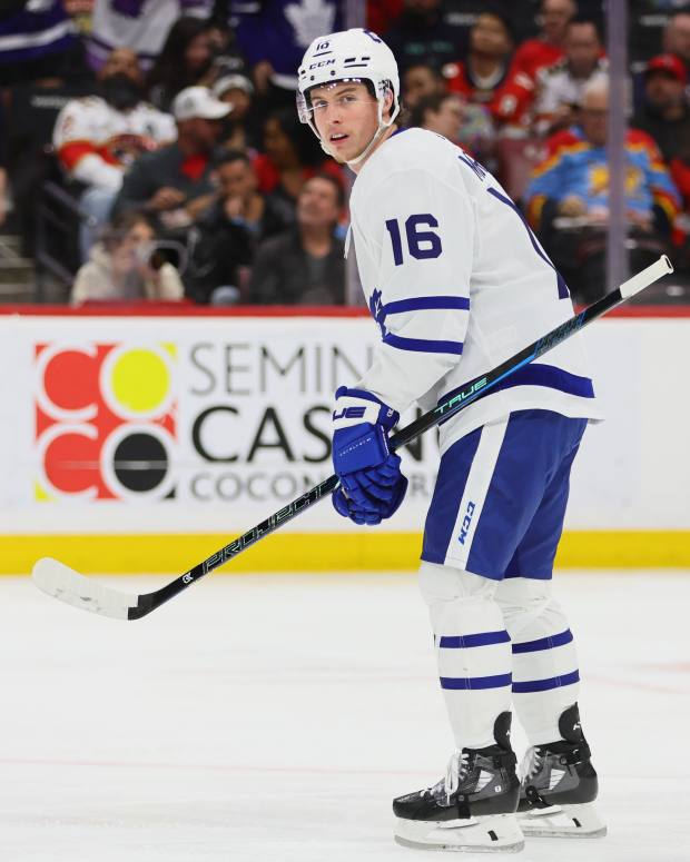 Apr 16, 2024; Sunrise, Florida, USA; Toronto Maple Leafs right wing Mitch Marner (16) looks on after scoring against the Florida Panthers during the first period at Amerant Bank Arena.