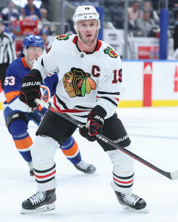 Dec 4, 2022; Elmont, New York, USA; Chicago Blackhawks center Jonathan Toews (19) looks on during play against the New York Islanders in the third period at UBS Arena.