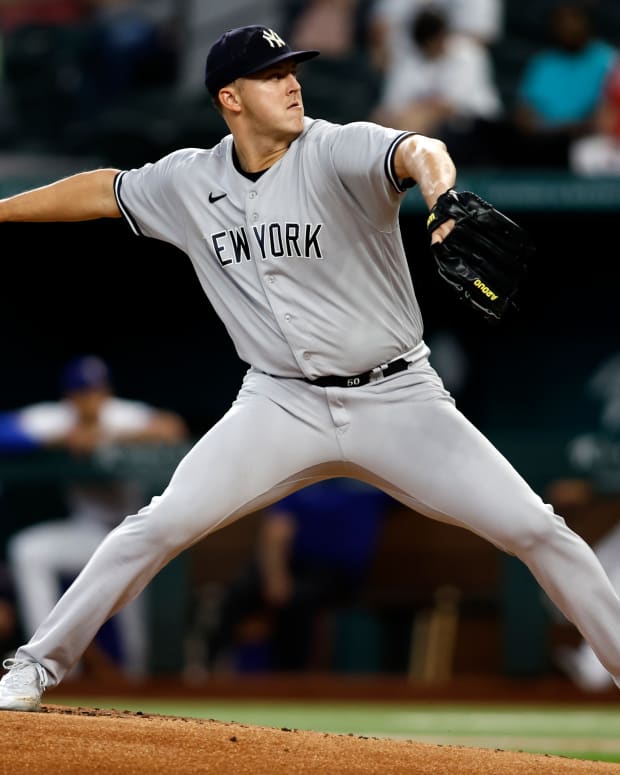 Oct 4, 2022; Arlington, Texas, USA; New York Yankees starting pitcher Jameson Taillon (50) throws a pitch in the first inning against the Texas Rangers at Globe Life Field.
